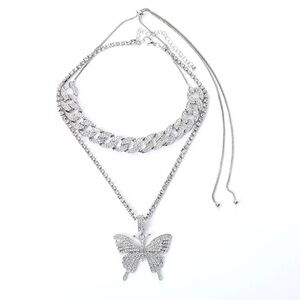 Elegant Silver Toned Butterfly Necklace Set
